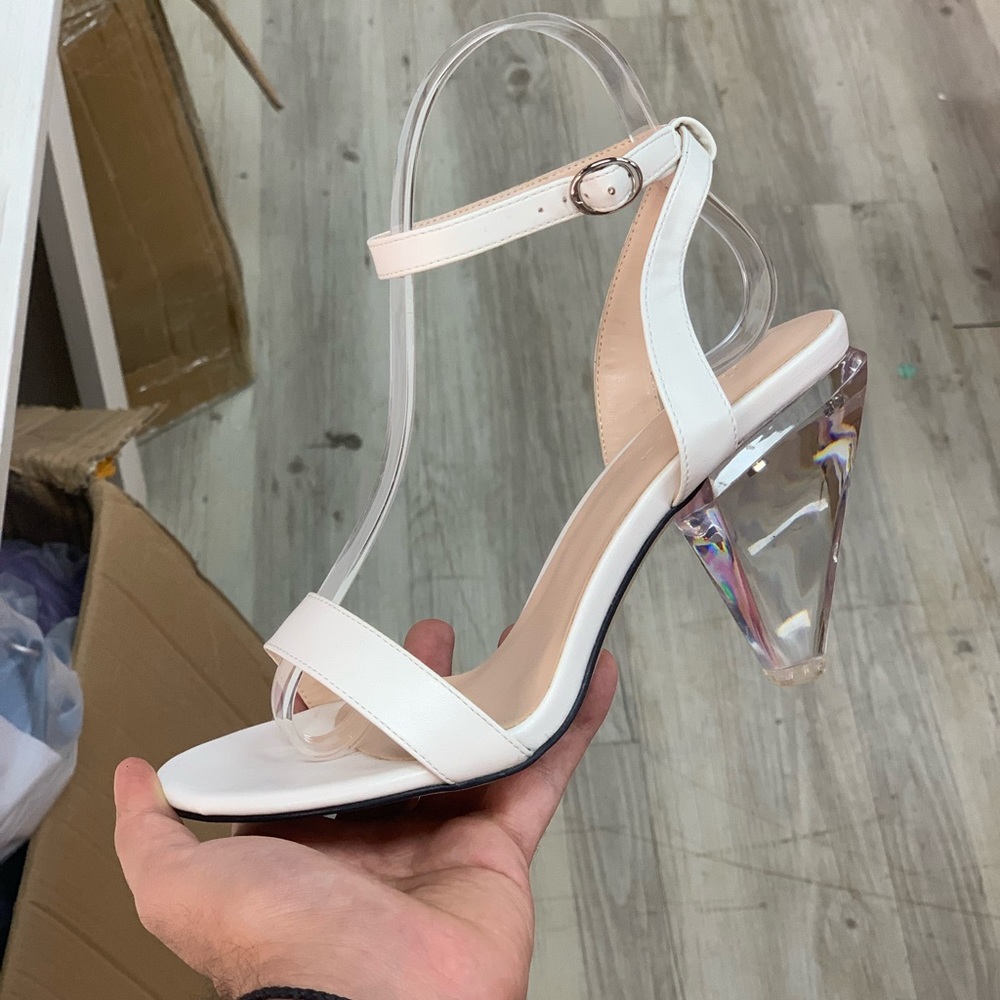 Women Open Toe Sandal Cone Glass Heel in White Faux Leather